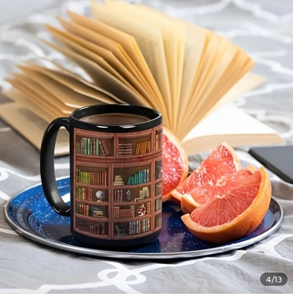 Library Books Pattern Ceramic Mug - Multicolor Bookcase Design - Picture 3 of 4
